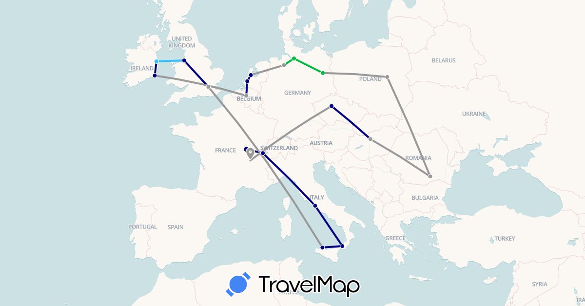TravelMap itinerary: driving, bus, plane, boat in Belgium, Czech Republic, Germany, France, United Kingdom, Hungary, Ireland, Italy, Netherlands, Poland, Romania (Europe)